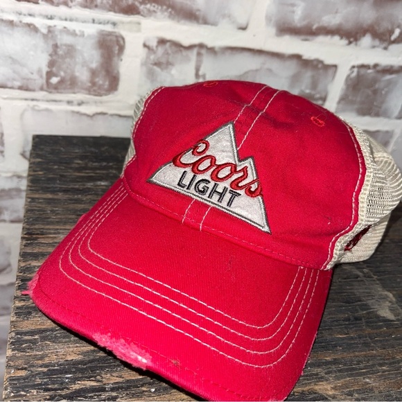 Red and Tan Trucker Hat with Mesh Back colors light - Picture 2 of 5